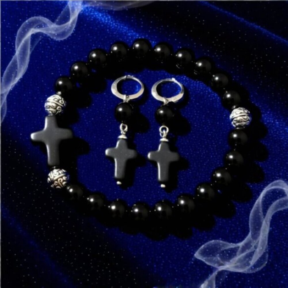 Earring + Bracelet Set! Glossy Black Stone Beads + Cross! Loss Grief Bereavement
